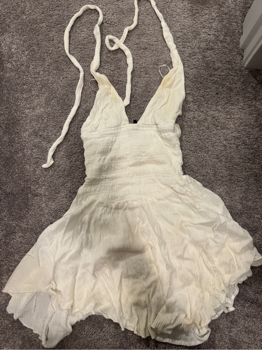 Women’s Cream Halter V-Neck Textured Mini Dress